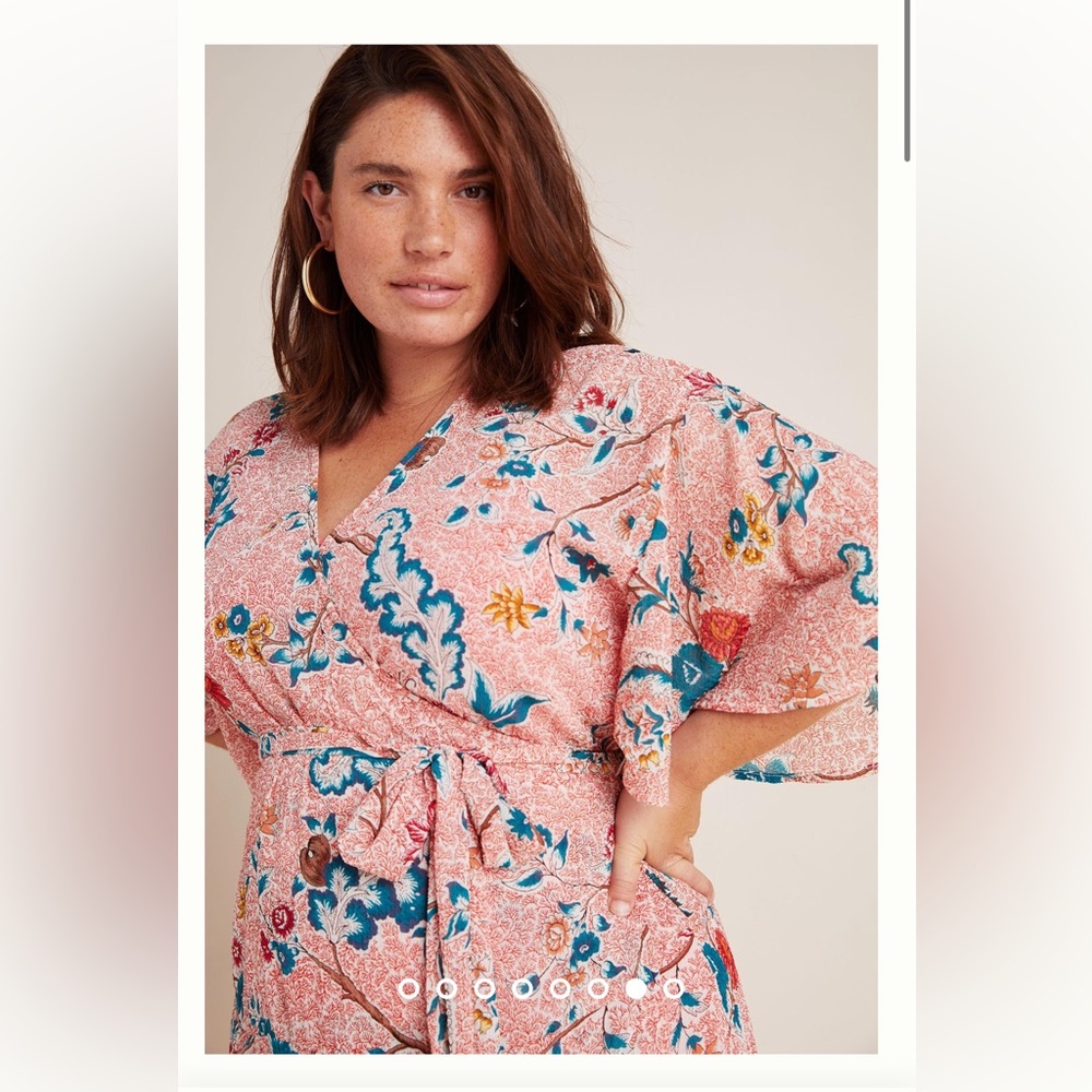 Anthropologie Pink Floral Midi Dress with Teal and Red Accents - Picture 3 of 10